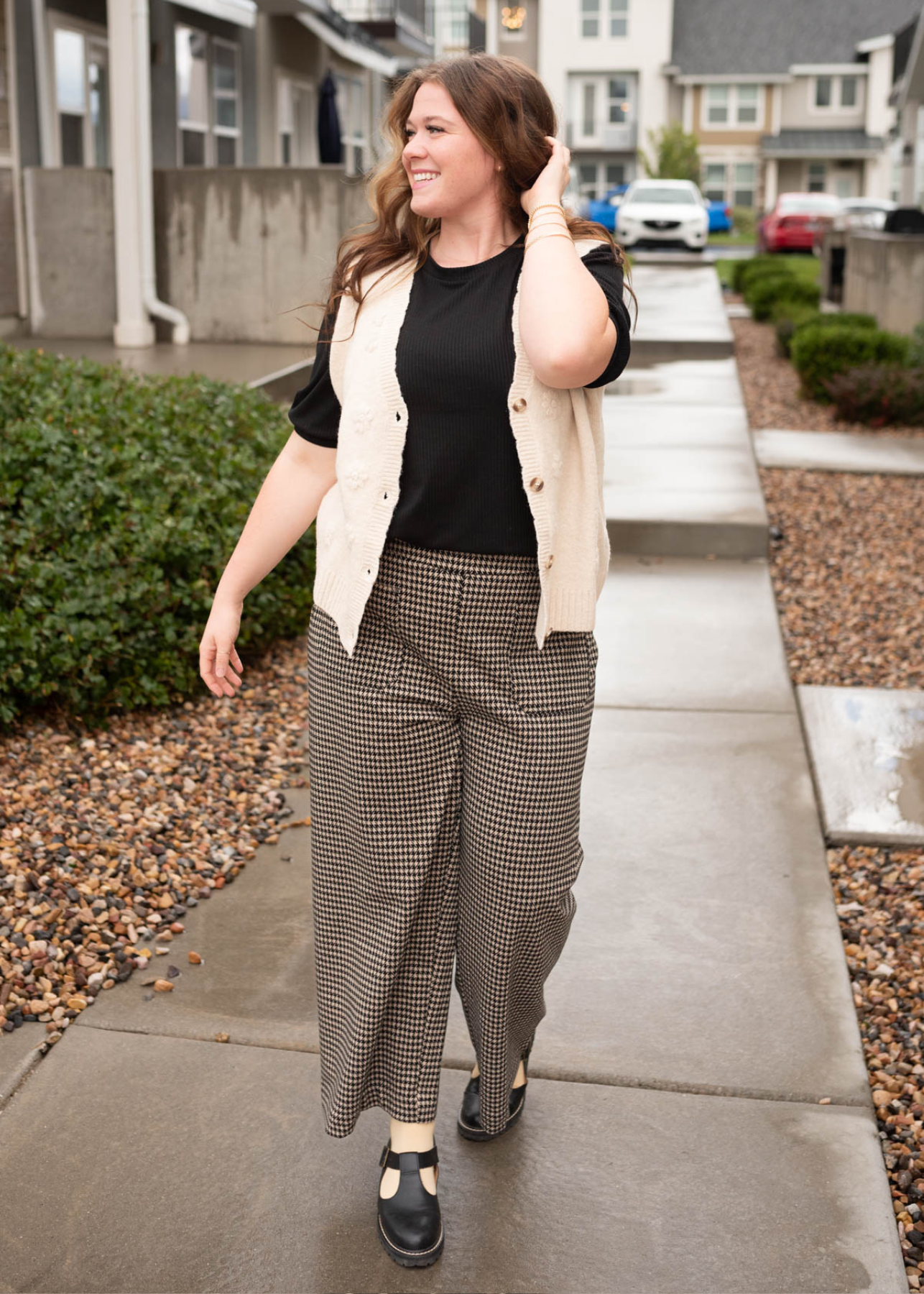 Wide leg black houndstooth pants in plus size