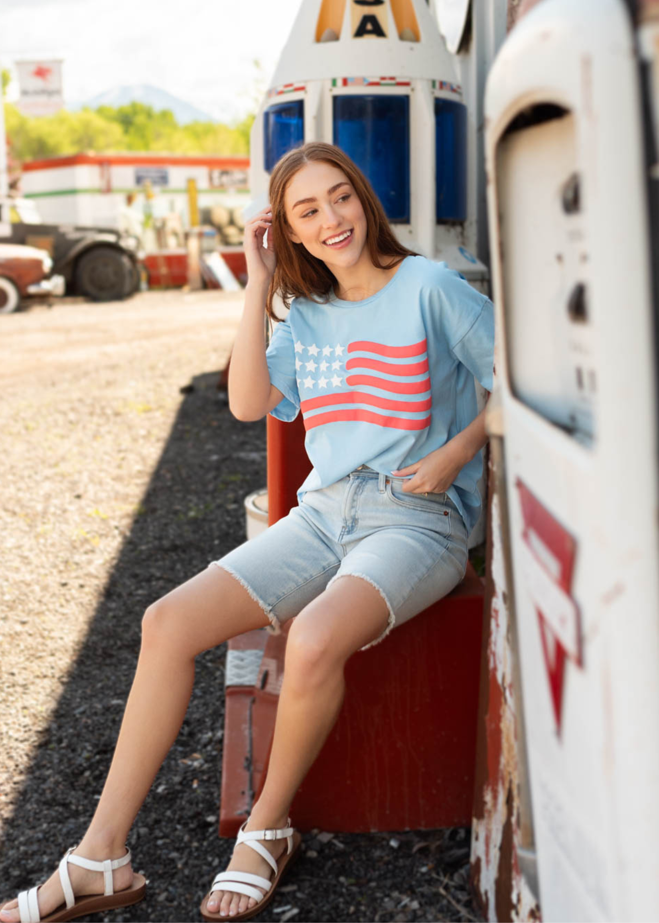 Small short sleeve light blue American flag top