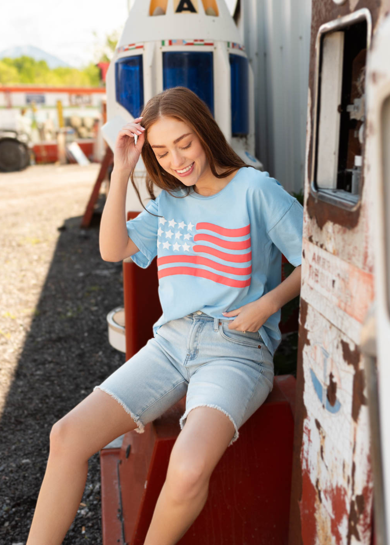 Light blue American flag top with short sleeves