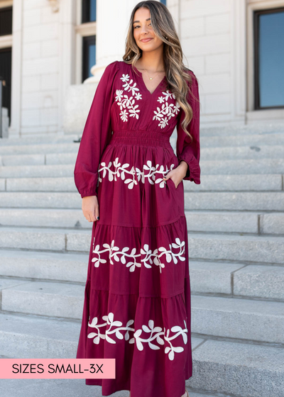 Wine floral embroidered dress with long sleeves