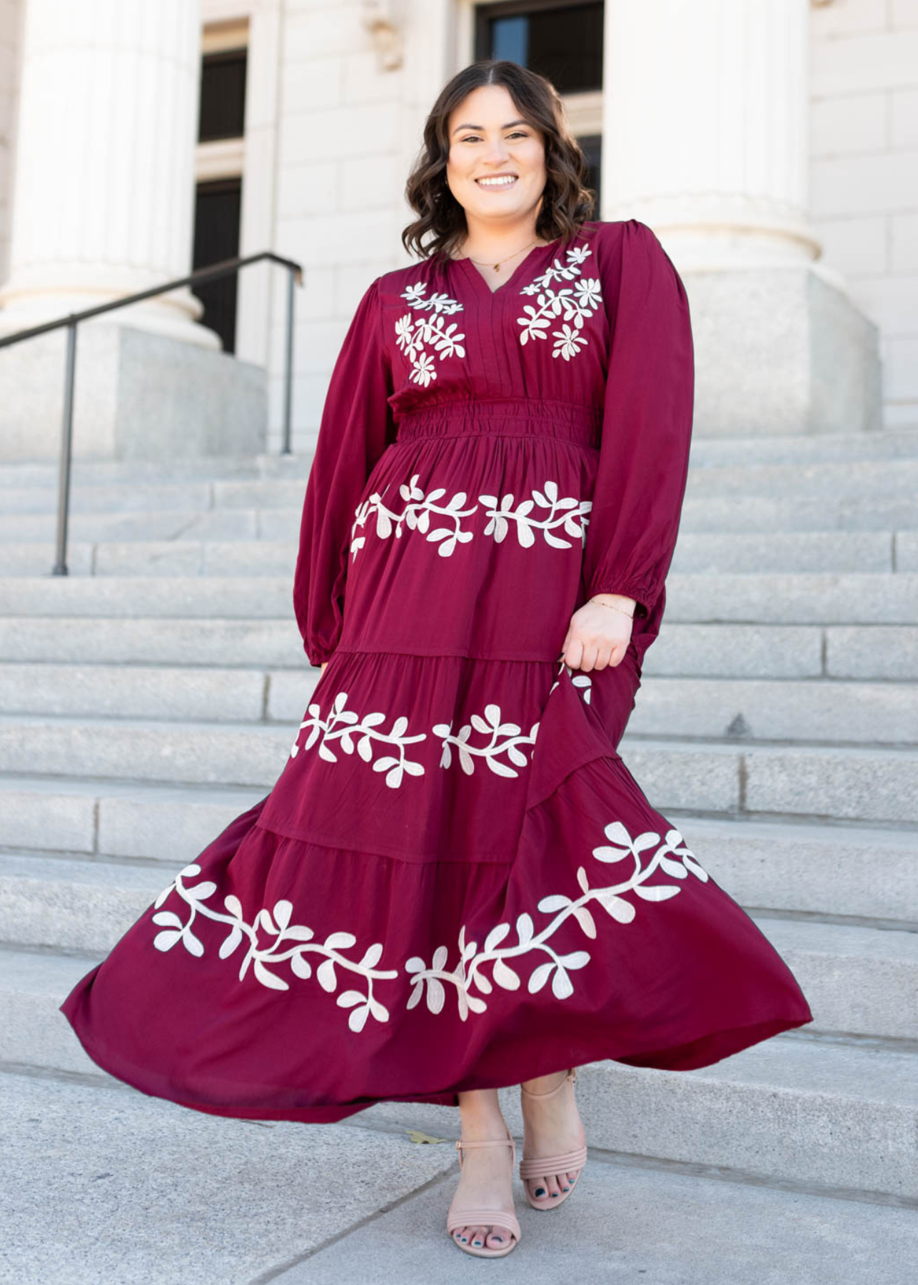 Plus size wine floral embroidered dress