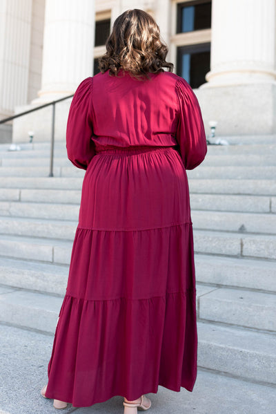 Back view of the plus size wine floral embroidered dress