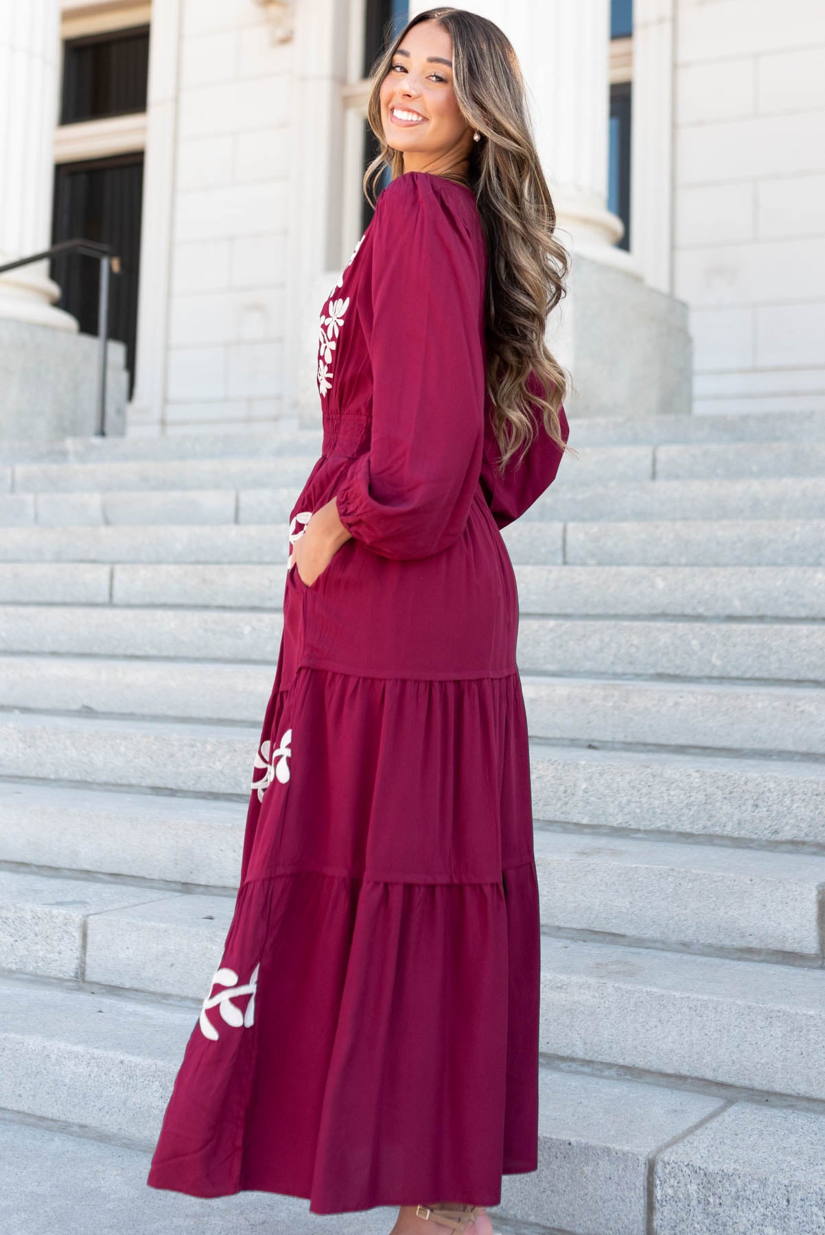 Side view of the wine floral embroidered dress