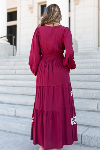 Back view of the wine floral embroidered dress