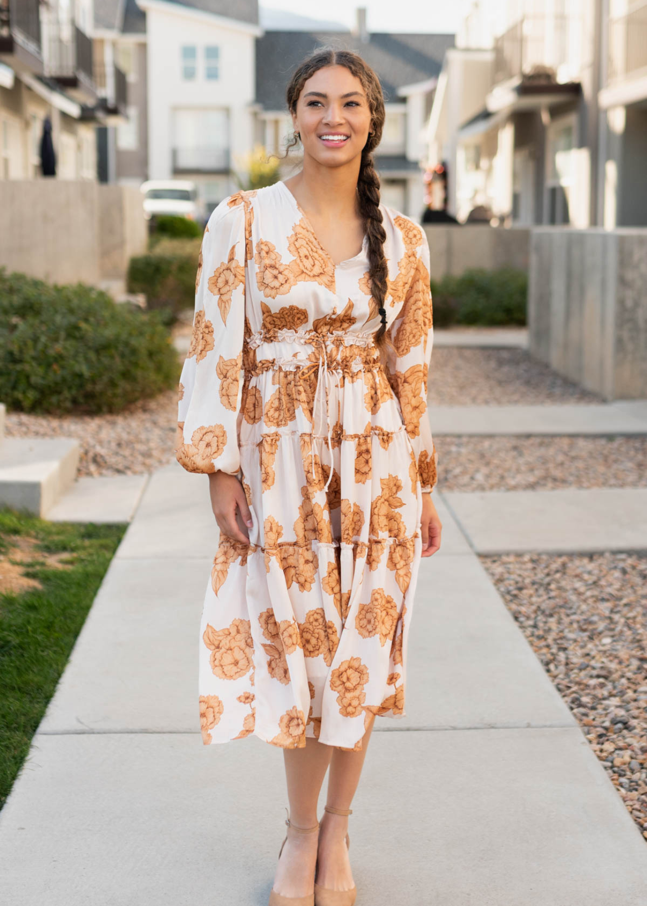 Long sleeve beige floral dress