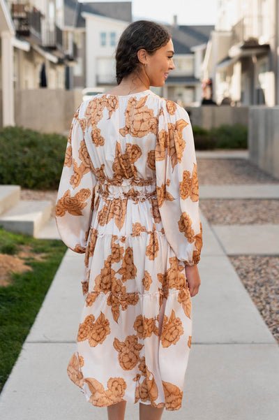 Back view of the beige floral dress