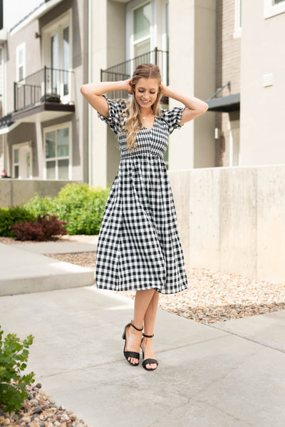 Short sleeve black gingham dress