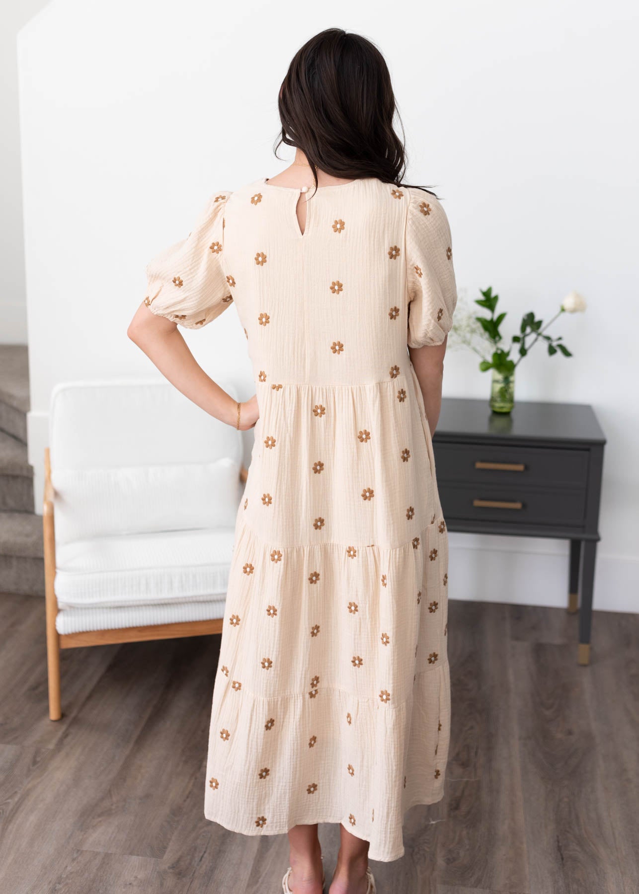 Back view of the cream embroidered dress