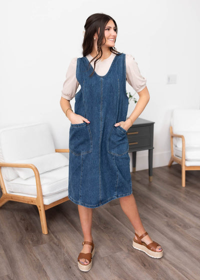 Indigo denim overall dress with front pockets