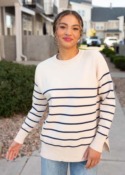 Ivory and navy stirpe sweater