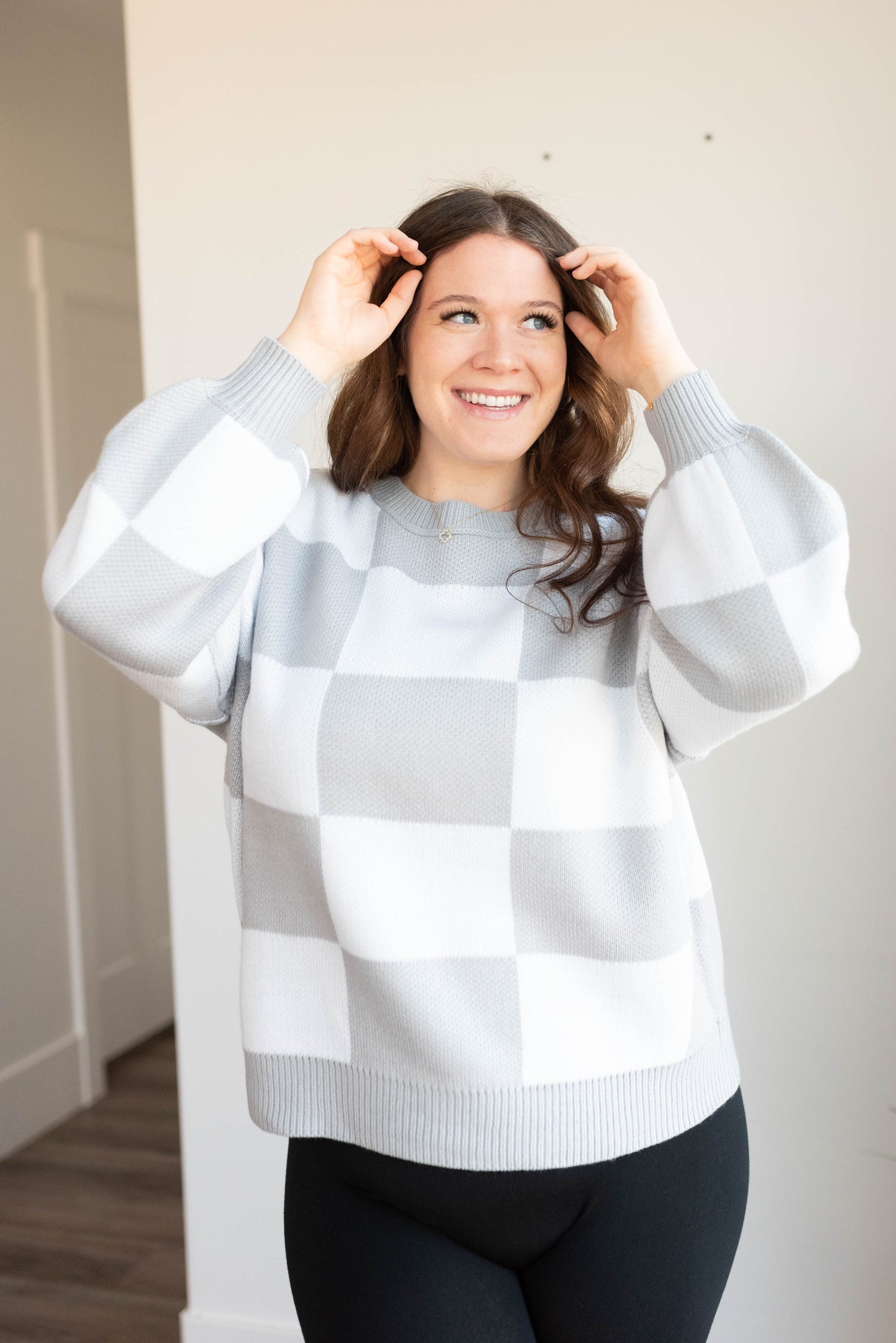 Long sleeve plus size gray checkered sweater