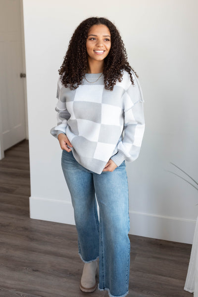 Long sleeve gray checkered sweater