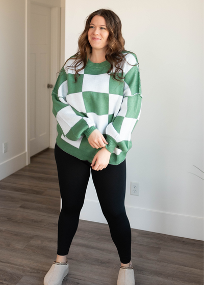 Long sleeve green checkered sweater