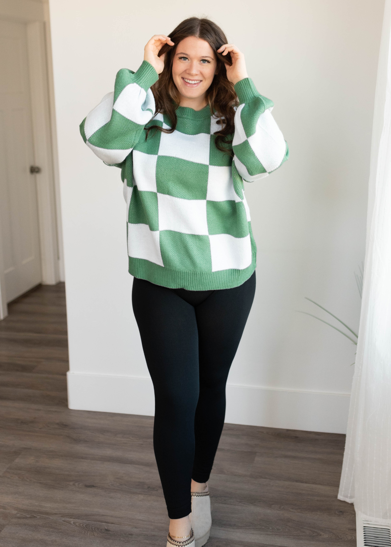 Plus size green checkered sweater