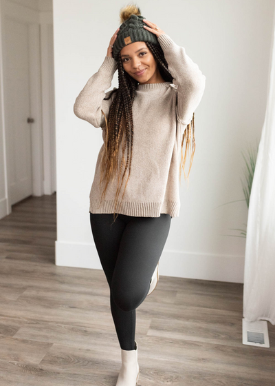 Taupe knitted sweater with ribbled cuff and waistband