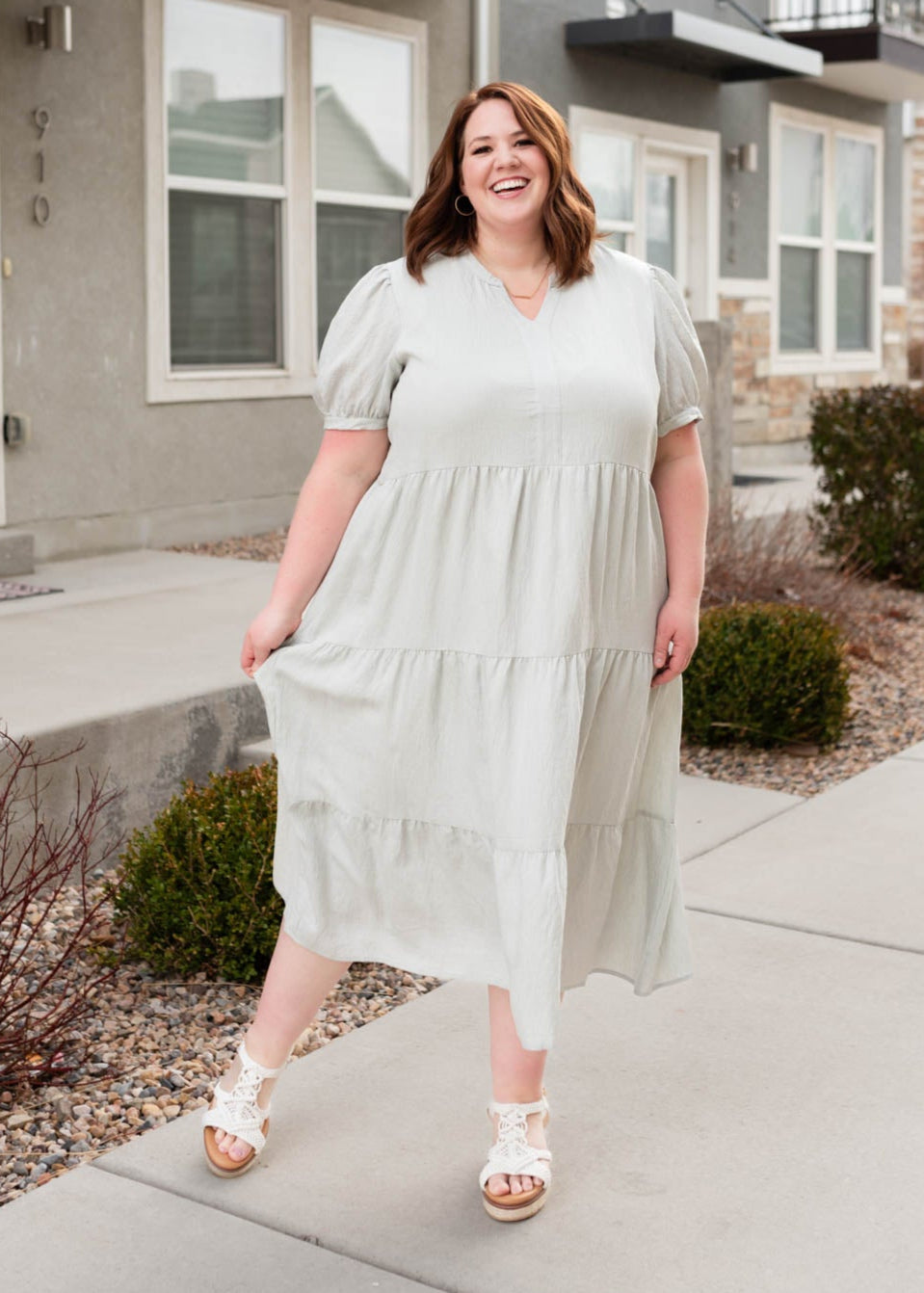 V-neck light blue tiered dress in plus size