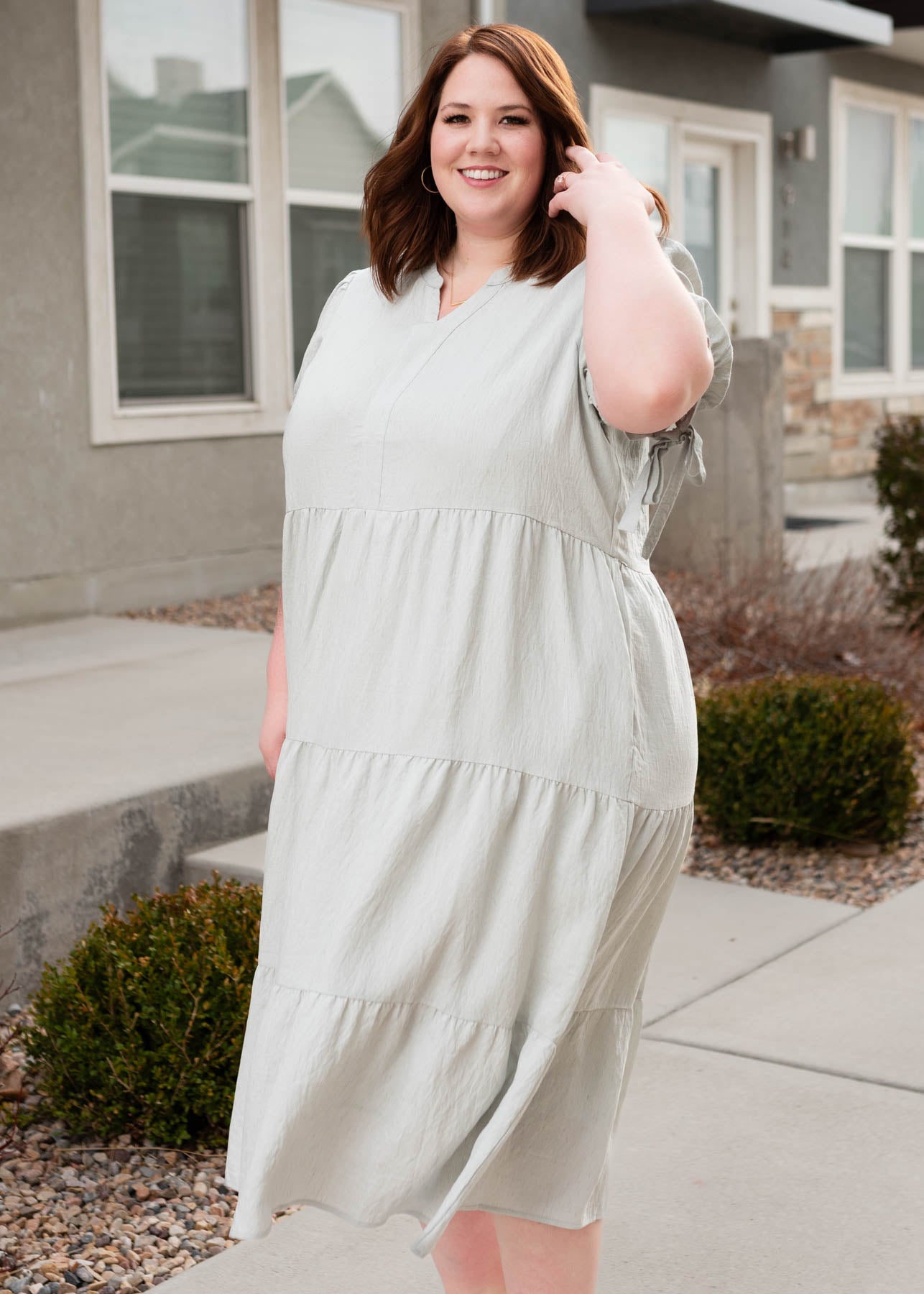 Short sleeve light blue tiered dress