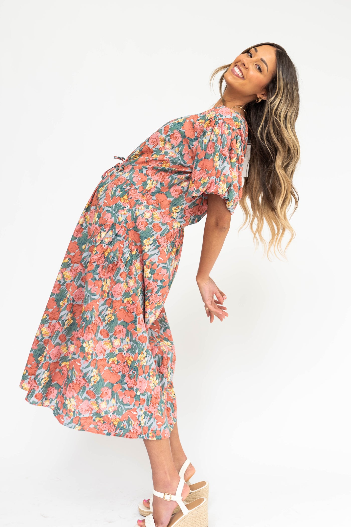 Midi coral floral dress