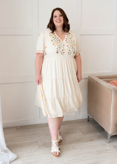 V-neck plus size embrodiered tiered dress