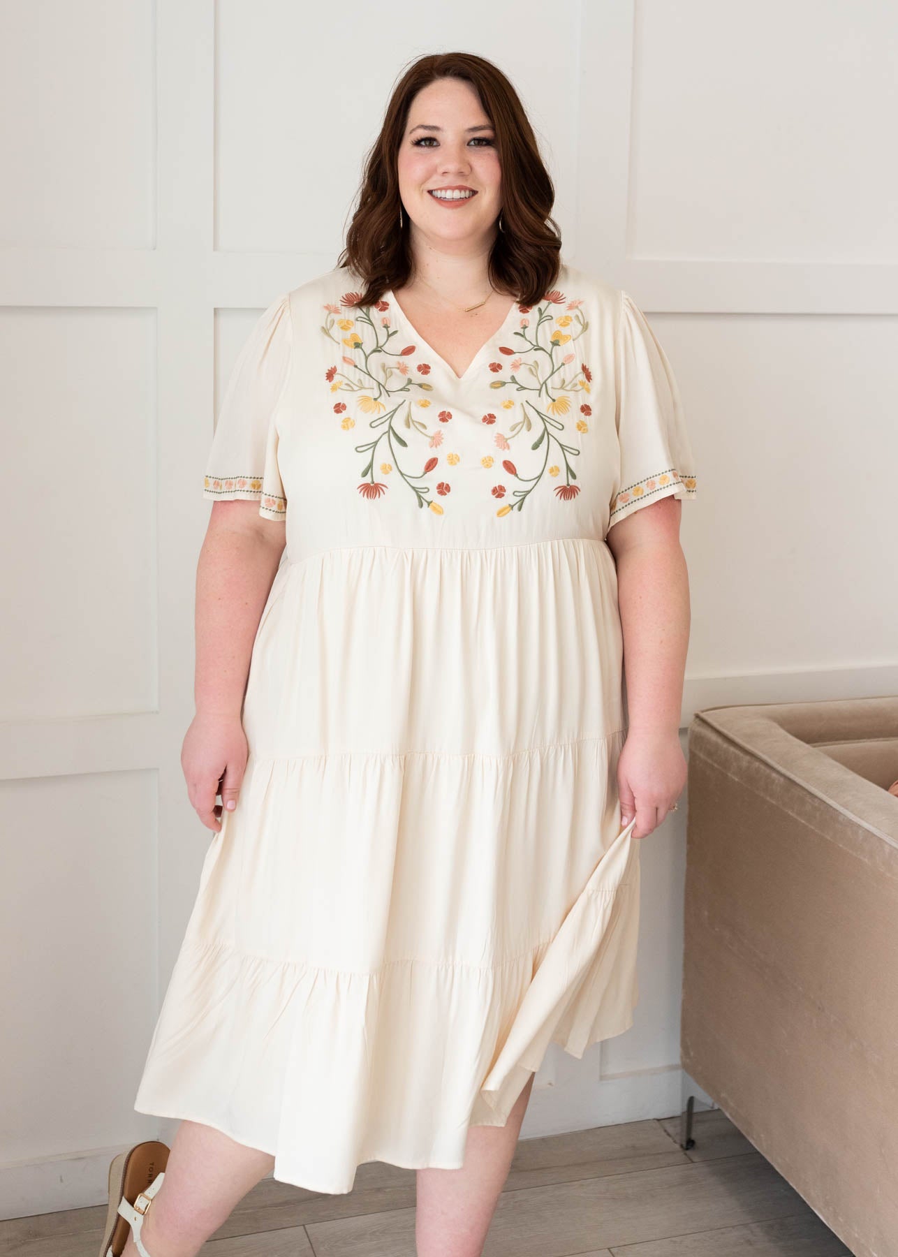 Plus size ivory embroidered tiered dress