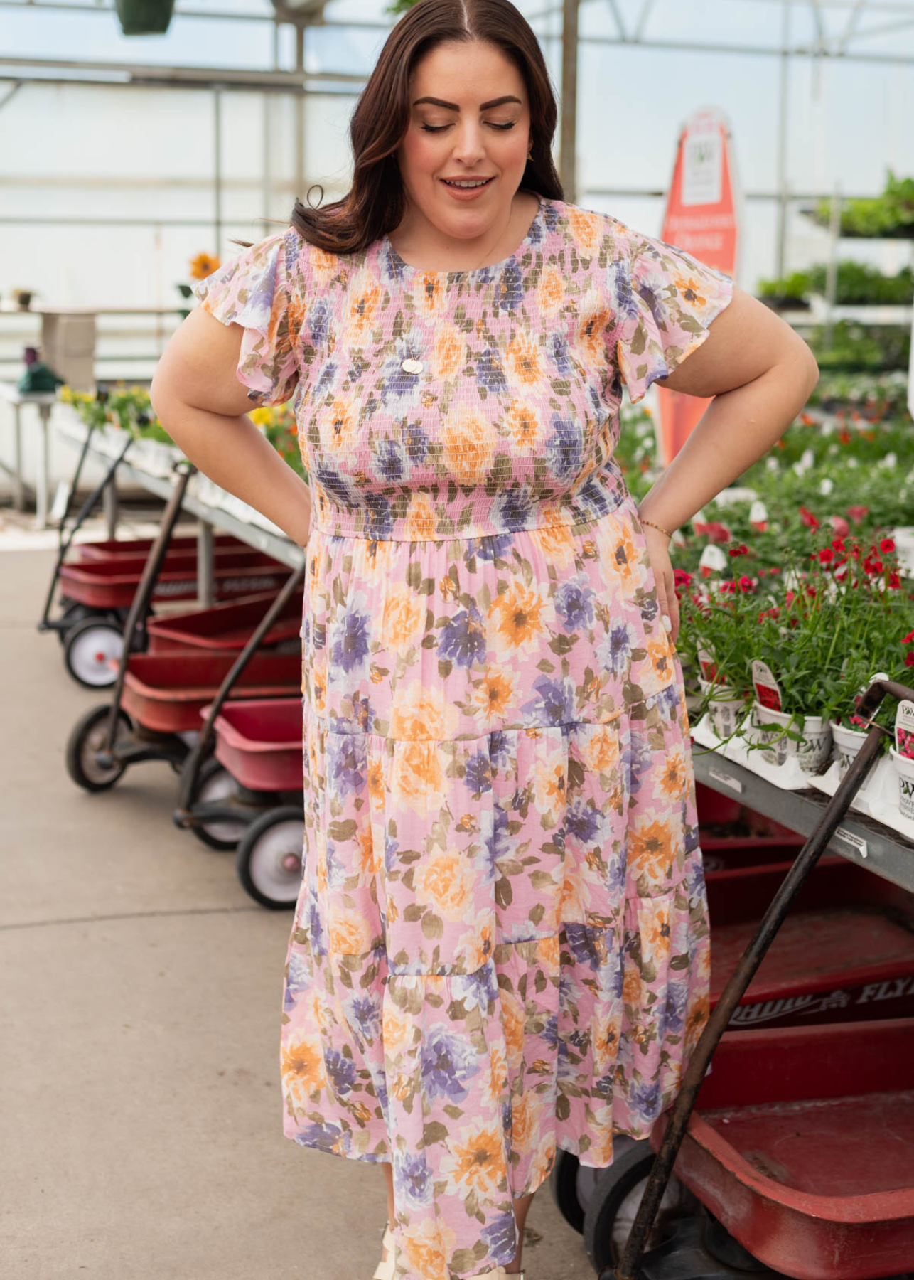 Smocked top plus size multi floral blush floral dress