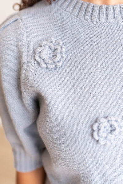 Close up of the knit on the dusty blue floral knit sweater