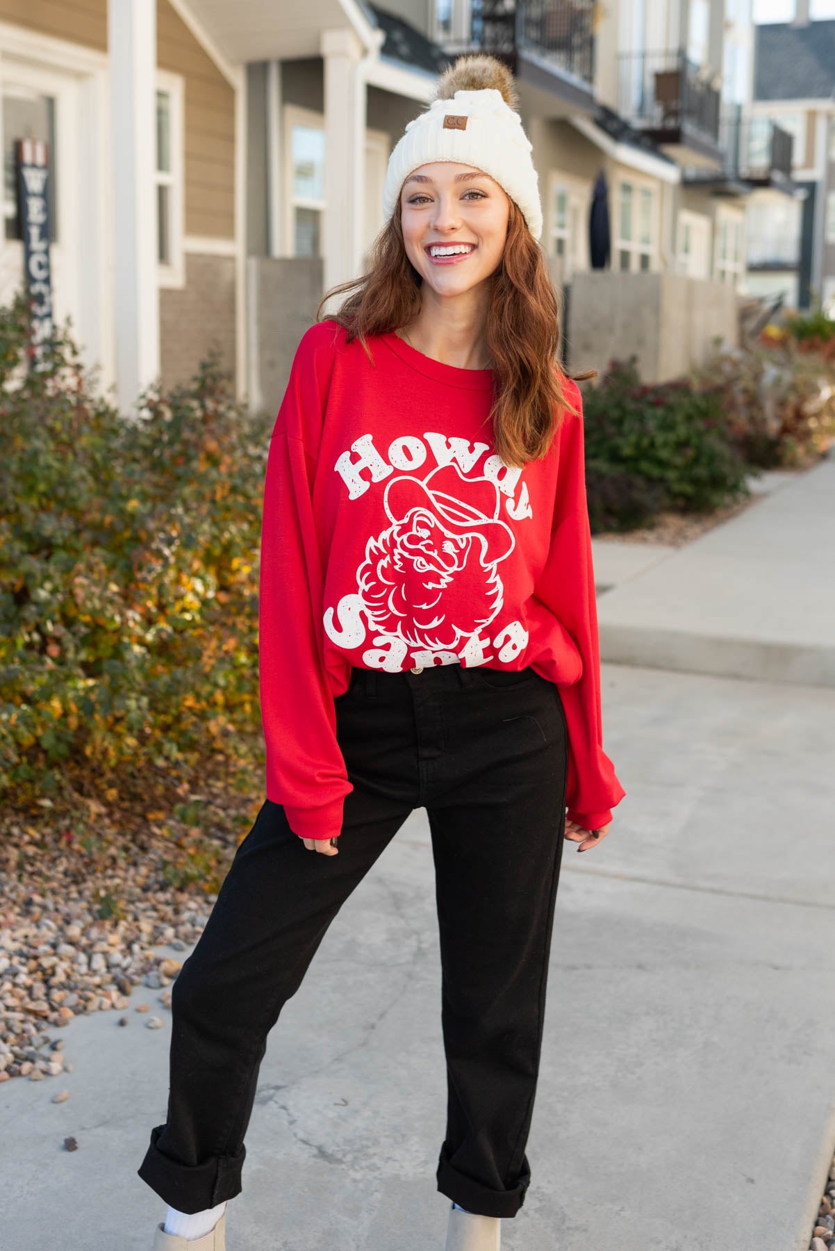 Long sleeve howdy santa sweater with pockets