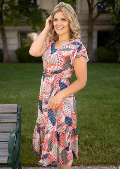 Short sleeve multi dress with v-neck