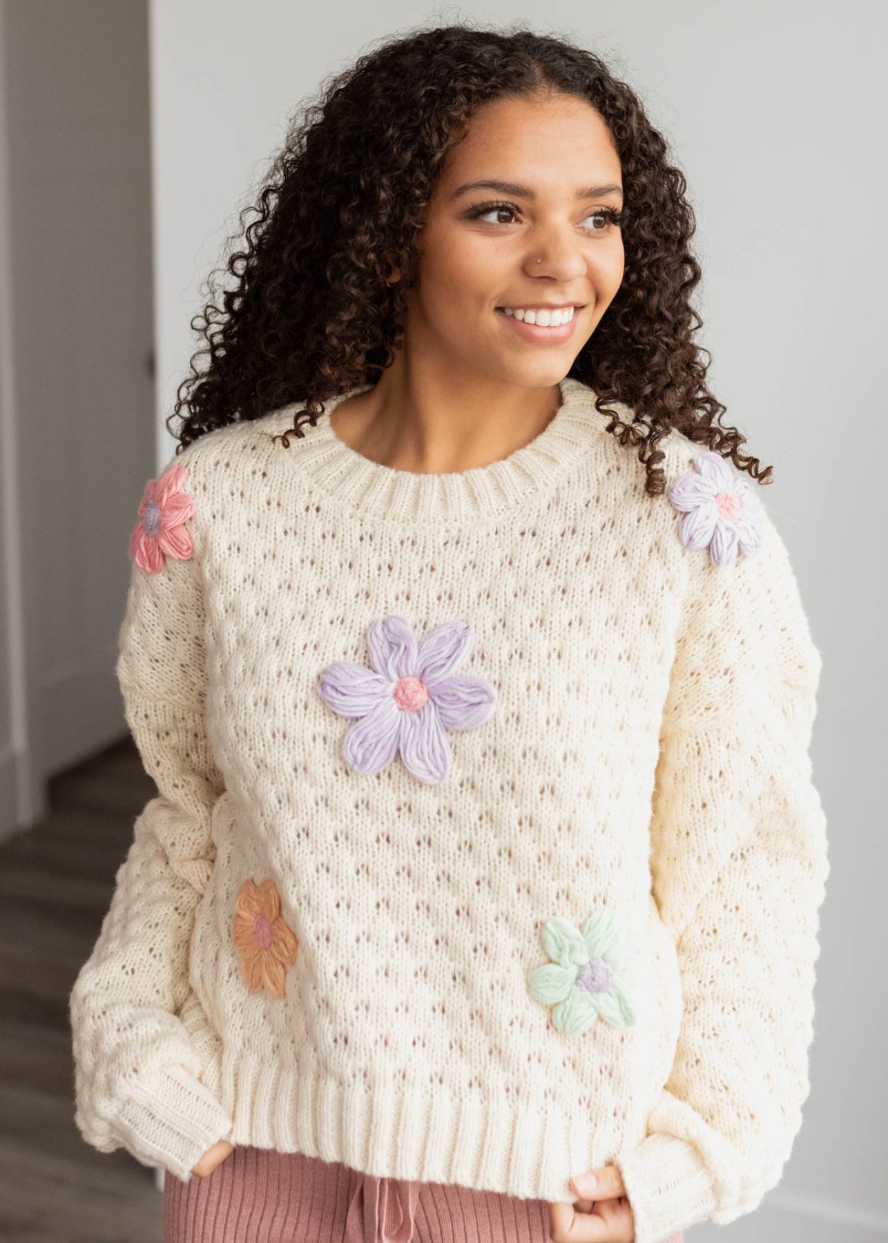 Long sleeve cream knit flower sweater