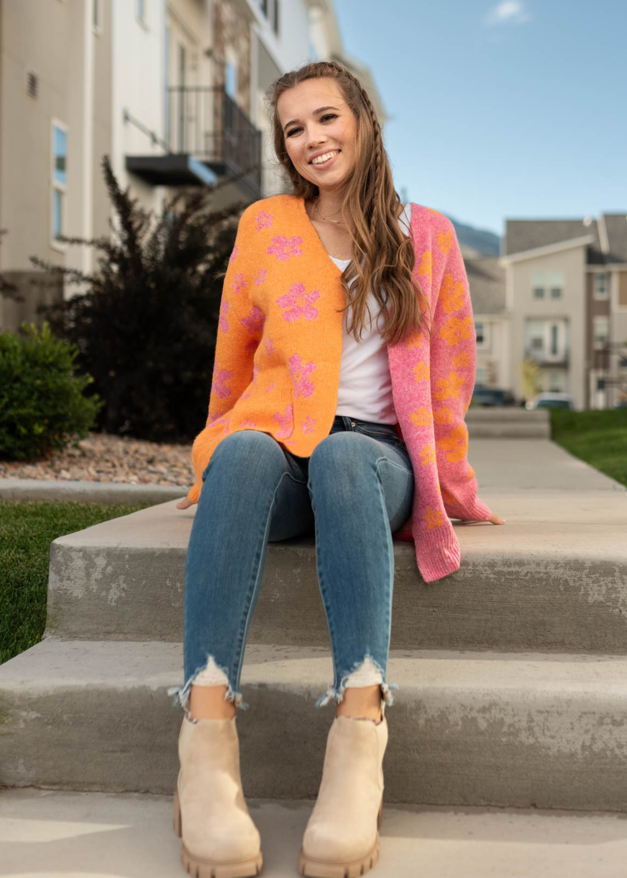 Orange cardigan with pink details