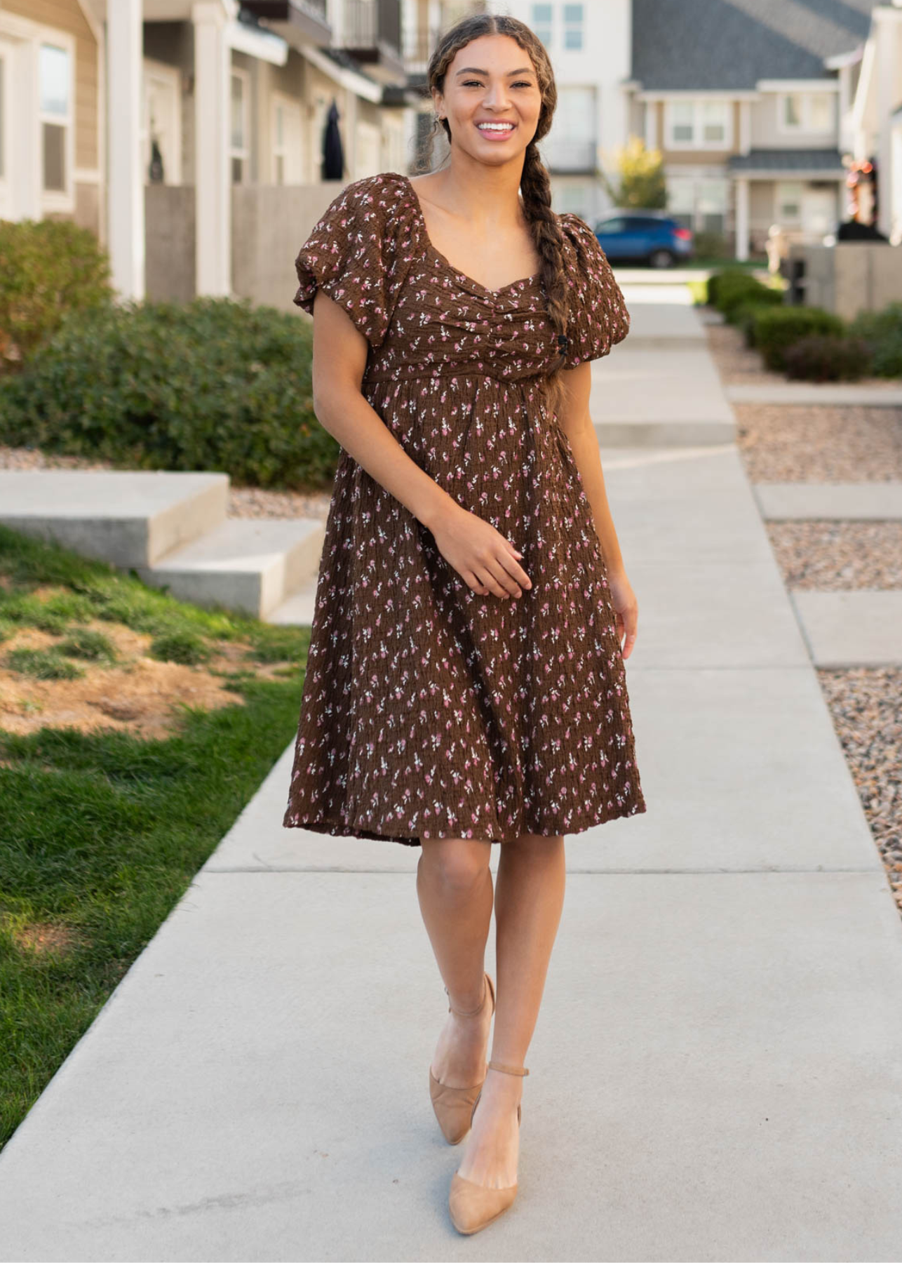 High waisted brown floral dress