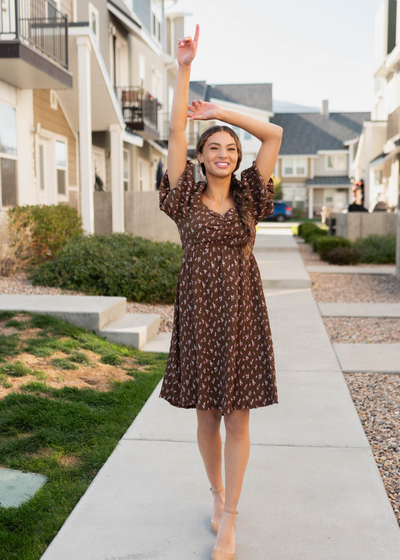 Brown floral dress with sweetheart neckline