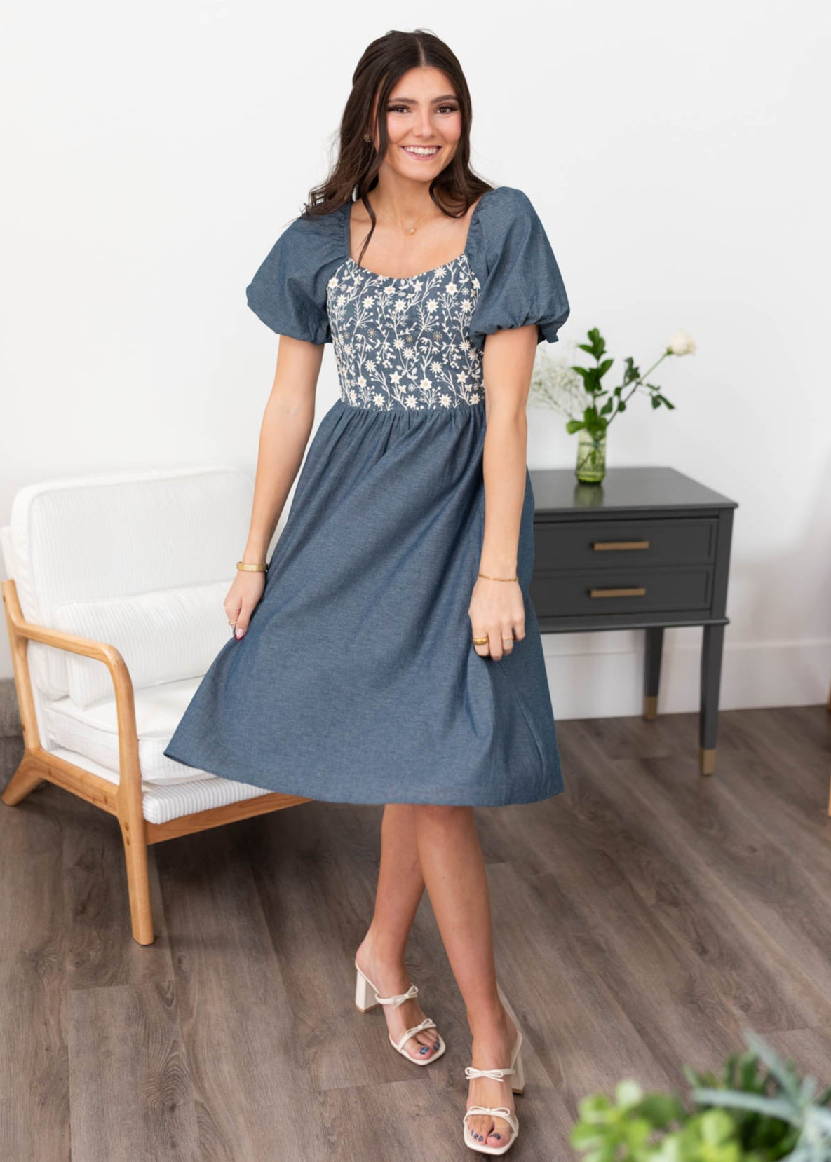 Short sleeve denim blue chambray dress