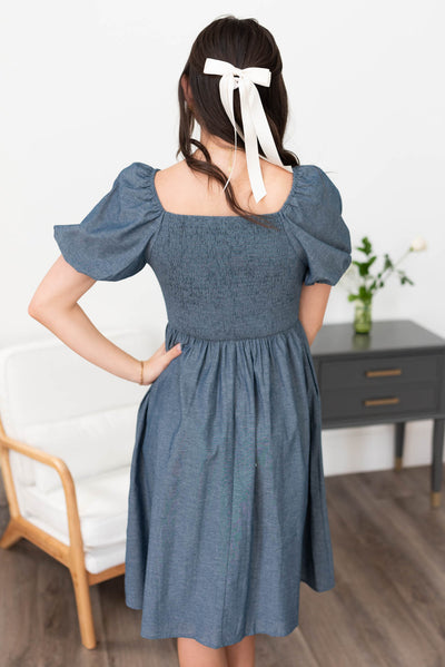 Back view of the denim blue chambray dress