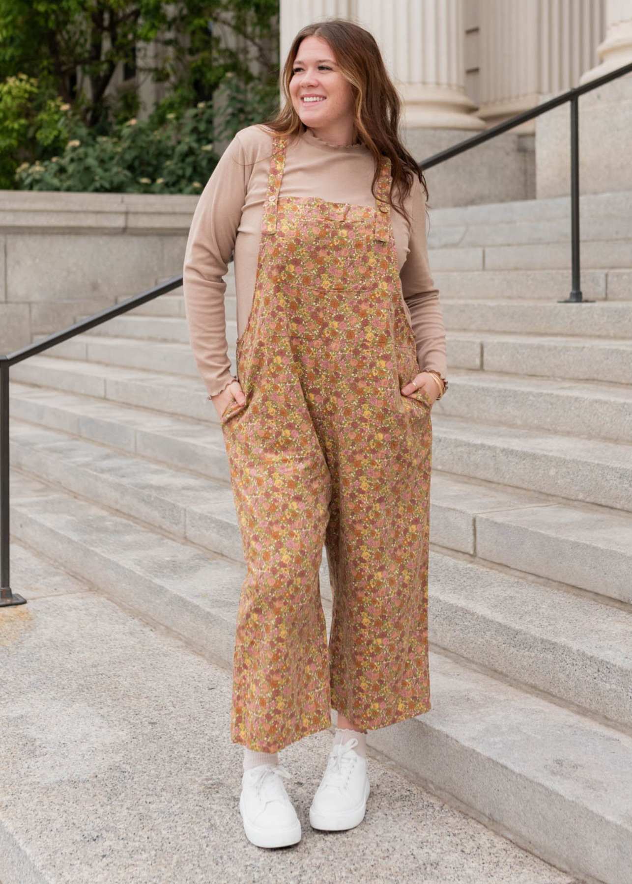 Plus size marsala floral overalls with front pockets