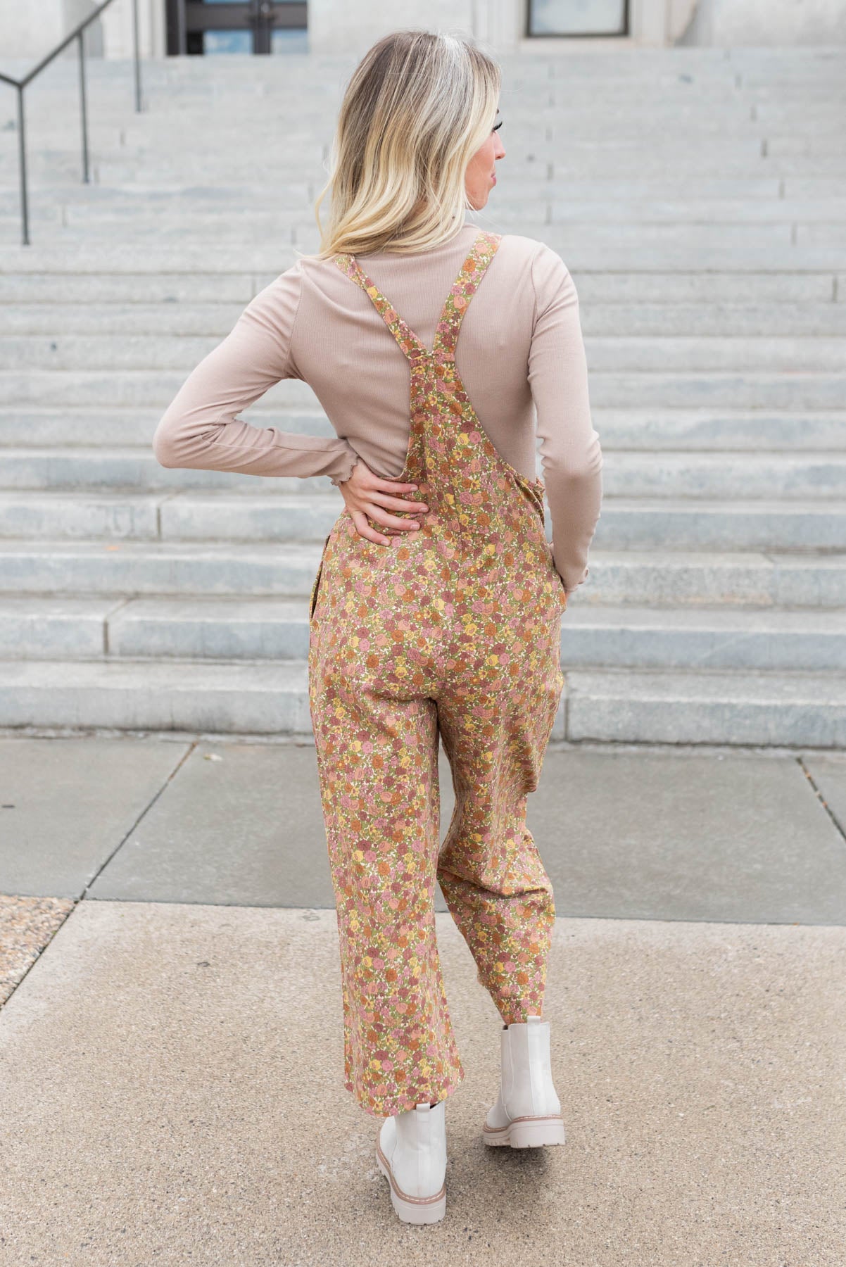 Back view of the marsala floral overalls