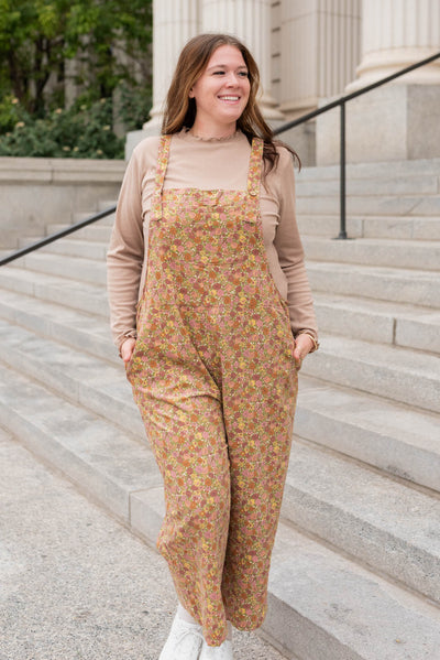 Marsala floral overalls with button straps