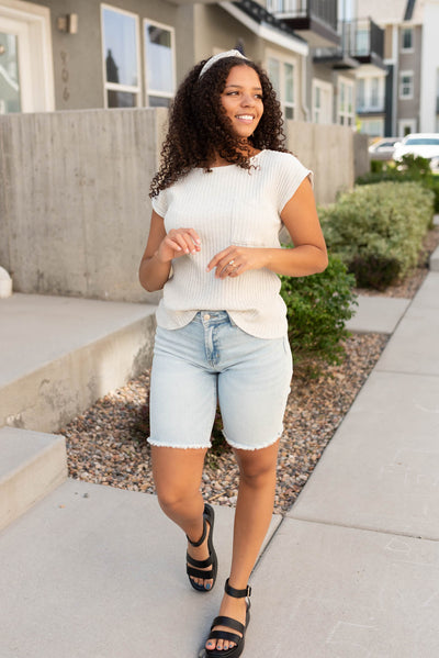 Light grey ribbed top with a cap sleeves