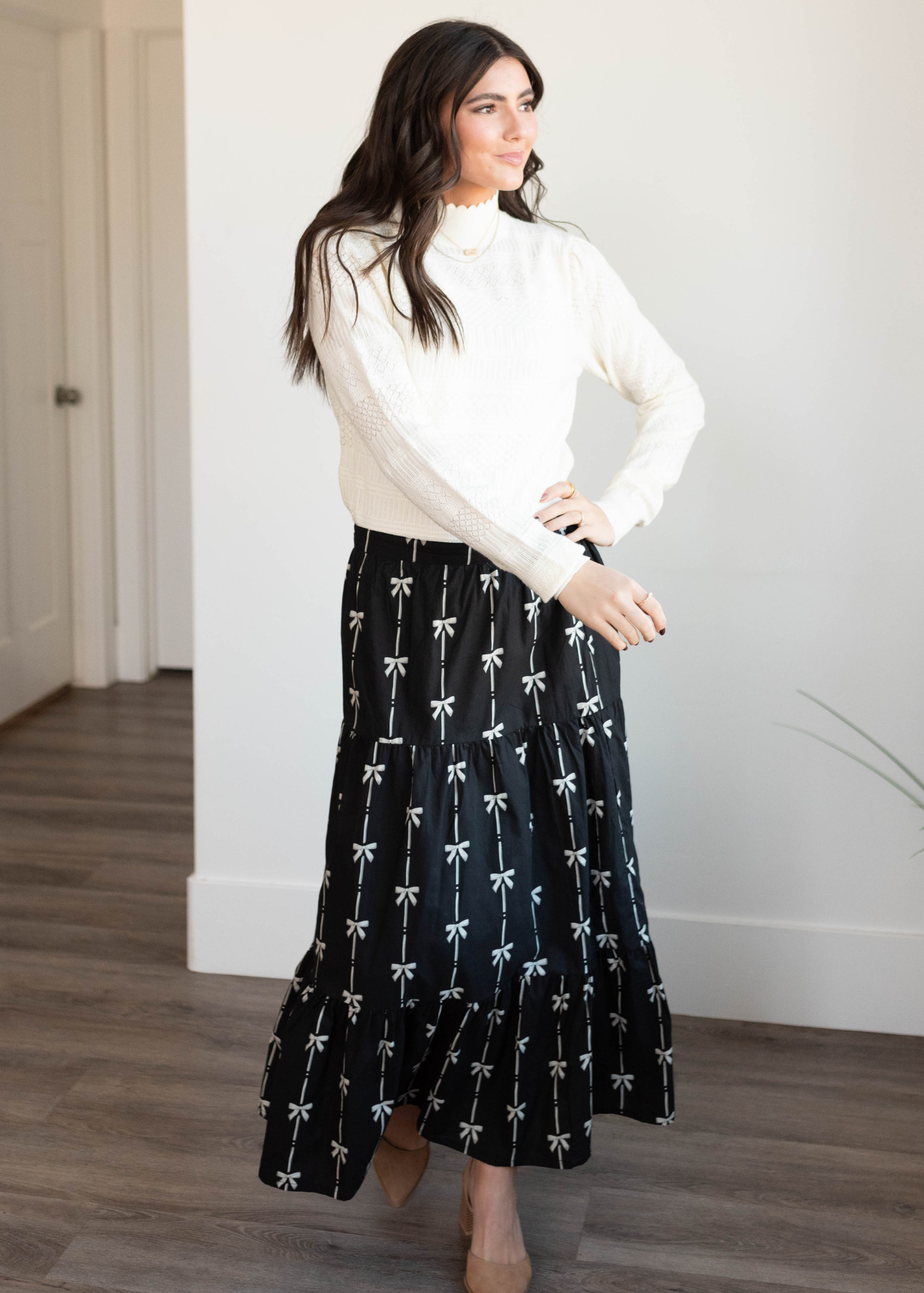 Black bow printed skirt with tiers