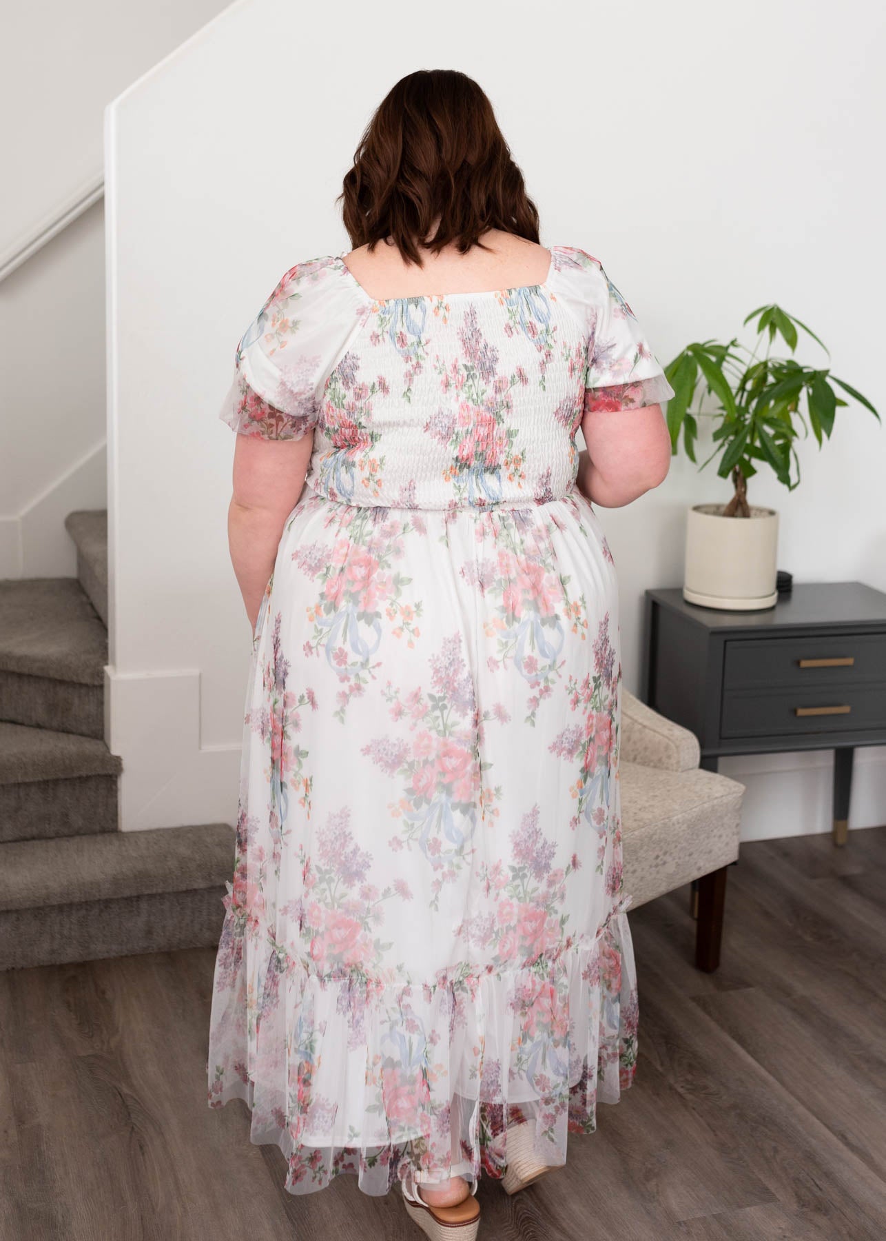 Back view of the ivory tulle square neck dress with smocked back in plus size