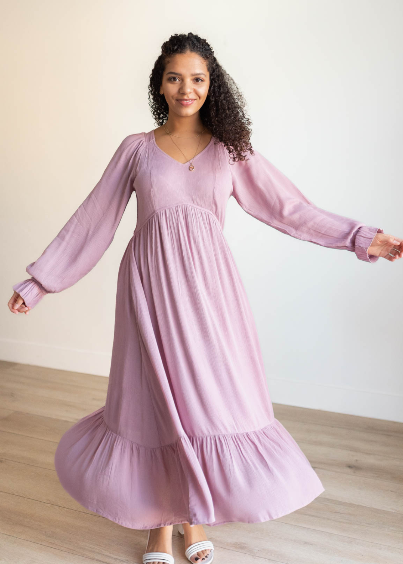 Long sleeve mauve ruffle dress