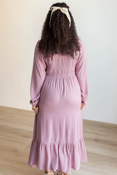 Back view of the mauve ruffle dress