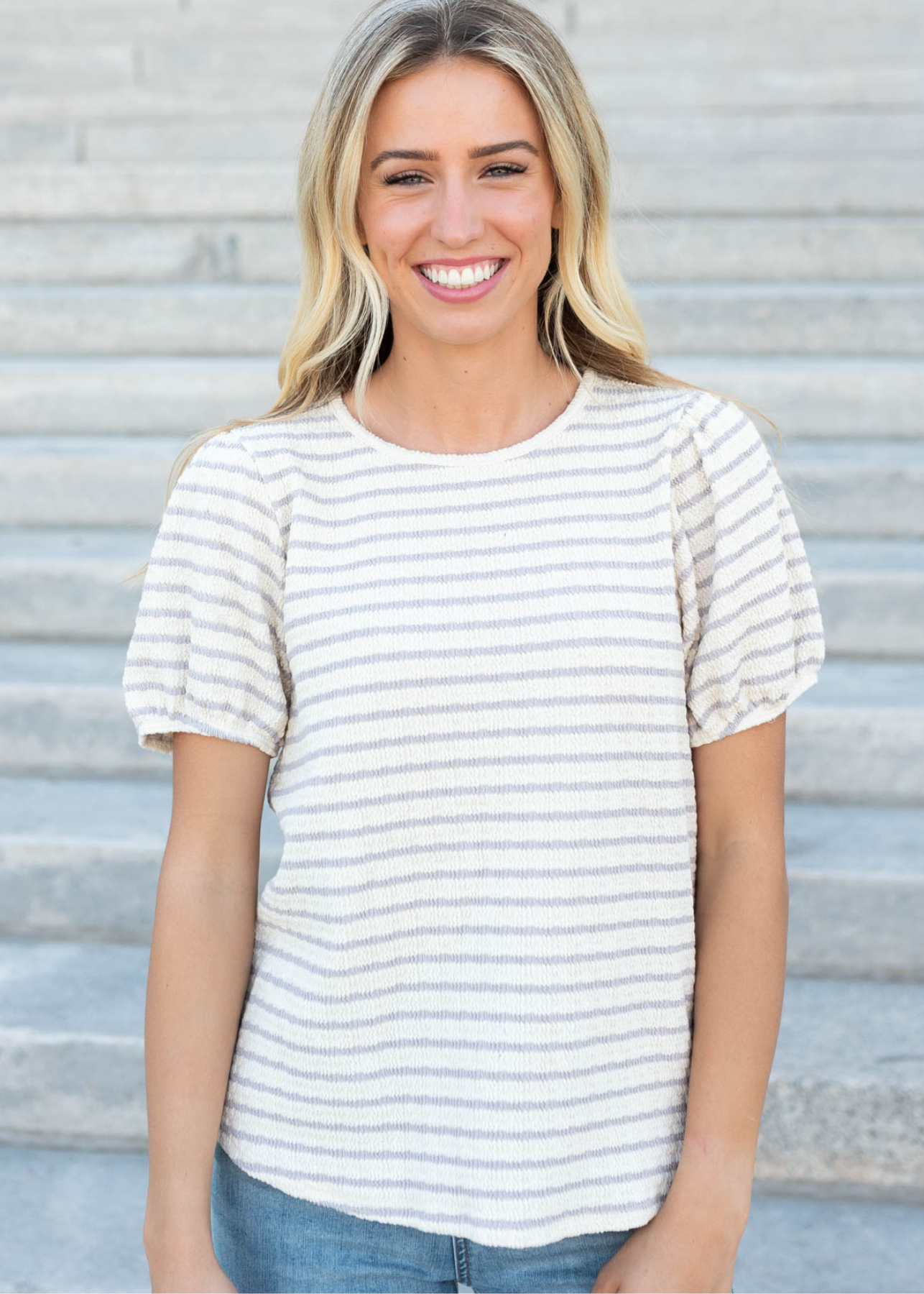 Dusty purple stripe top with short sleeves