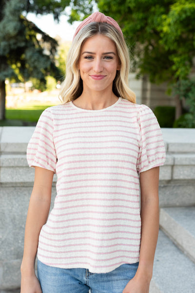 Pink stripe top with short puff sleeves