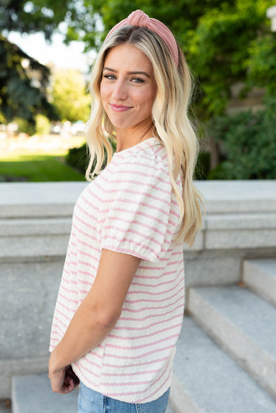 Side view of the pink stripe top