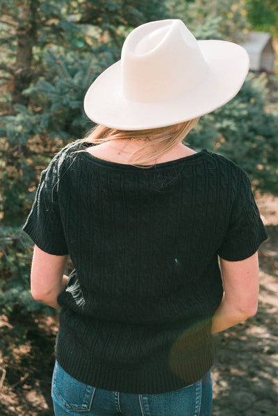 Back view of a black knit top