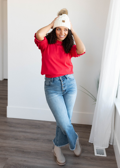 Short sleeve red puff sleeve sweater