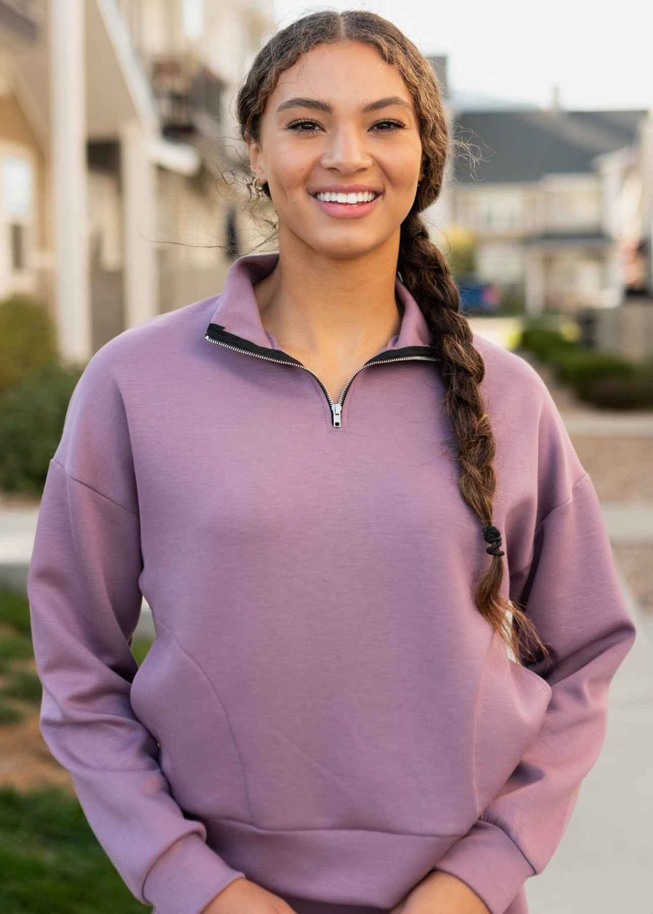 Iva Plum Fleece Quarter Zip Sweater