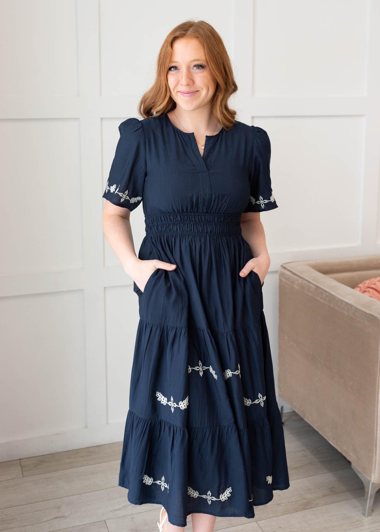 Short sleeve midnight embroidered dress with pockets and elastic waist