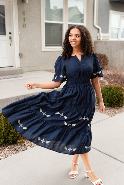 Short sleeve midnight embroidered dress